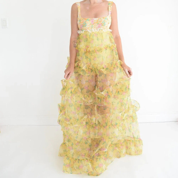 For Love & Lemons Vicki Sheer Tiered Yellow Lace Ruffle Maxi Dress M - Picture 2 of 13